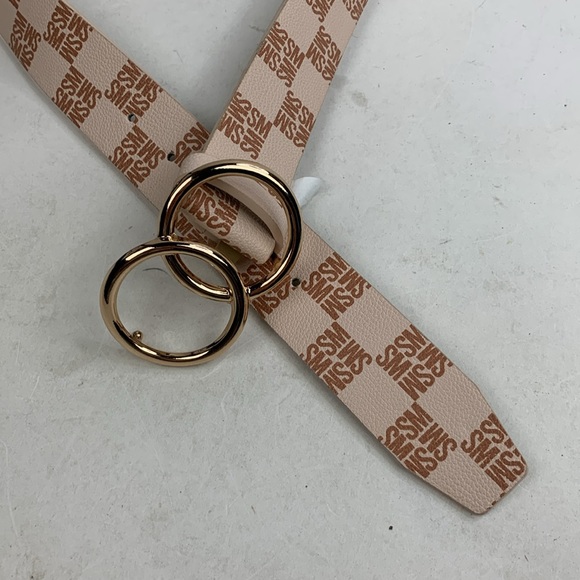 Steve Madden Logo Belt Double ring buckle Size Medium Creme Tan Gold - Picture 4 of 11